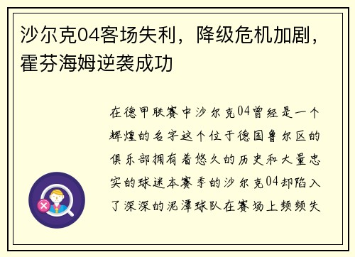 沙尔克04客场失利，降级危机加剧，霍芬海姆逆袭成功